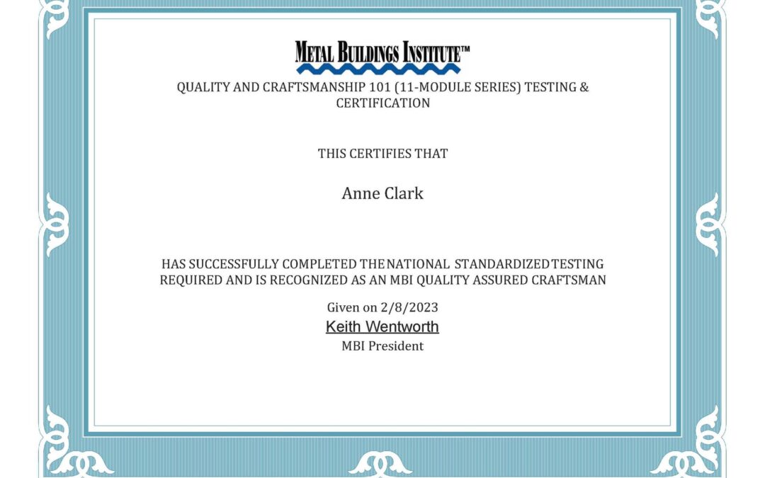 Certification from MBCEA on Metal Building Systems!